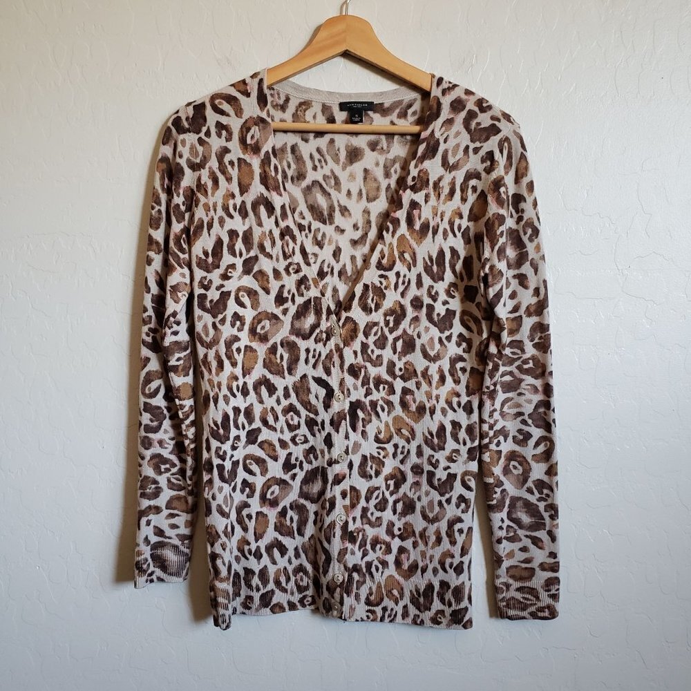 Ann Taylor Leopard Print Cardigan 100% Extra Fine Merino Wool Sweater Size Small